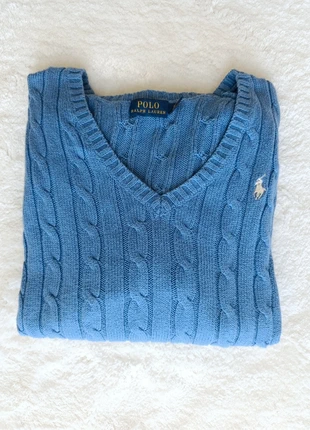 Pull col V torsadé en maille tressée Ralph Lauren bleu logo blanc taille L, brand: Ralph Lauren, condizioni: Ottime, taglia: L / IT 44 / EU 40, €25.00, €26.95 include la Protezione acquisti