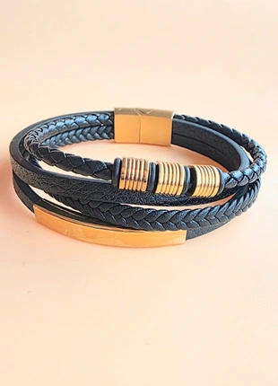 Beau bracelet homme cuir véritable et acier inoxydable doré _ idée cadeau, marque: Silver, état: Très bon état, 14,50 €, 15,93 € Protection acheteurs incluse