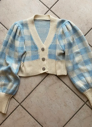 Cardigan corto a quadri azzurro crema – maniche a sbuffo, taglia M, condizioni: Ottime, taglia: M / IT 42 / EU 38, €12.00, €13.30 include la Protezione acquisti