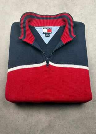 Pull half zip 1/4 zip Tommy Hilfiger Vintage rouge et bleu col camionneur logo brodé - Taille L, marque: Tommy Hilfiger, état: Très bon état, taille: L, 20,00 €, 21,70 € Protection acheteurs incluse