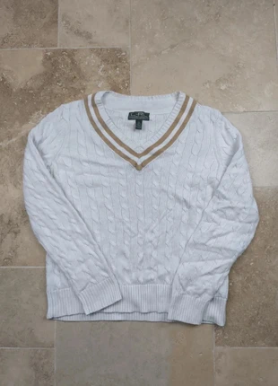 Pull col V Lauren Ralph Lauren torsadé - Femme XL - Blanc liseraie couleur lin - 100% coton, marca: Ralph Lauren, estado: Muito bom, tamanho: XL / 42 / 14, €30.00, €32.20 inclui Proteção do Comprador Pro