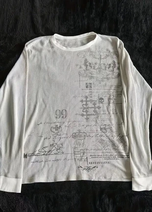 Haut manches longues blanc cassé – Effet côtelé & imprimé graphique, marque: y2k, état: Neuf sans étiquette, taille: M, 49,00 €, 52,15 € Protection acheteurs incluse