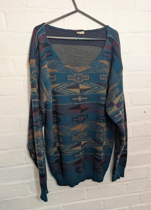 Vintage 80s/90s Geometric Knit Jumper – Teal / Multicolour – Size Large (slouchy fit), brand: Retro Fire, condition: Very good, size: XL, £10.00, £11.20 includes Buyer Protection