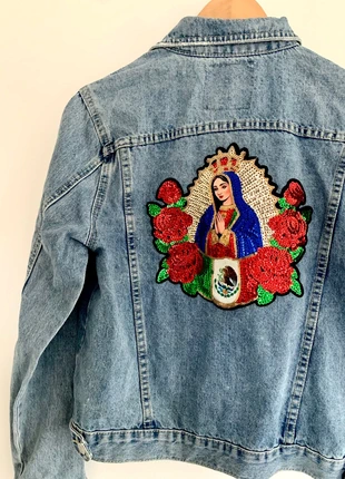 Veste en jean femme taille 40 customisée Sainte Vierge brodée de sequins, marke: Tally Weijl, zustand: Sehr gut, größe: L / 40 / 12, 18,50 €, 20,13 € beinhaltet Vinted-Käuferschutz Pro