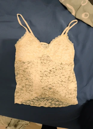 T-shirt transparent dentelle jaune-blanc, merk: Pimkie, staat: Heel goed, maat: S / 36 / 8, € 3,00, € 3,85 inclusief Kopersbescherming