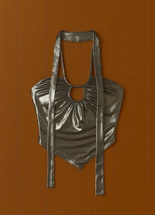 Top argenté métallisé dos nu – Haut soirée Y2K brillant avec anneau, brand: wds, condition: New without tags, size: S / 36 / 8, €39.00, €41.65 includes Buyer Protection