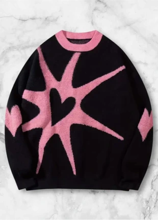 Pull noir et rose graphique motif cœur abstrait taille M style streetwear oversize Y2K vintage, marque: y2k, état: Très bon état, taille: M, 40,00 €, 42,70 € Protection acheteurs (Pro) incluse