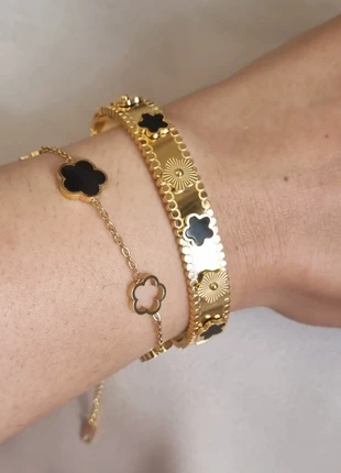 Lot de 2 bracelets dorés trèfle noir acier inoxydable, marca: Fashion Jewelry, estado: Nuevo sin etiquetas, 15,00 €, 16,45 € Protección al comprador incluida