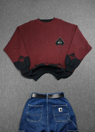 Pull Style Universitaire Vintage 80s Boxy en Maille Bordeau / Noir à Écusson Brodé 50% Laine (XL), marque: Vintage Dressing, état: Très bon état, taille: XL, 23,00 €, 24,85 € Protection acheteurs (Pro) incluse