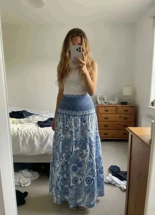 jupe longue bohème à imprimé bleu et blanc #104, merk: Brise d'Ibiza, staat: Heel goed, maat: M / 38 / 10, € 37,99, € 40,59 inclusief Kopersbescherming