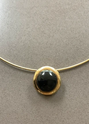 Retro gold tone black lucite round cabochon floating pendant wire necklace, condition: Very good, £6.75, £7.79 includes Buyer Protection Pro