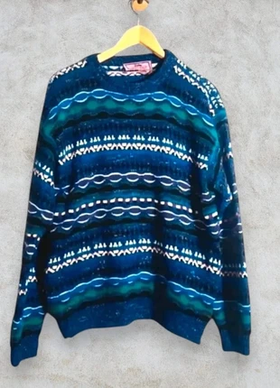 Vintage 90s Concrete blue abstract knit jumper men’s XL, merk: Vintage Dressing, staat: Heel goed, maat: L, € 31,90, € 34,20 inclusief Kopersbescherming Pro