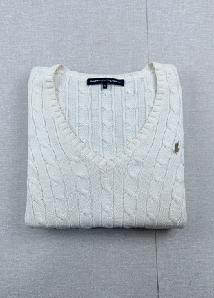 Pull torsadé col V Ralph Lauren blanc cassé logo marron, taille L, brand: Ralph Lauren, condition: Very good, size: L / 40 / 12, €45.00, €47.95 includes Buyer Protection
