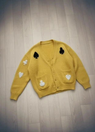 Cardigan Oversize Jaune Motifs Pique/Trèfle, marque: Vintage Dressing, état: Très bon état, taille: M, 54,90 €, 58,35 € Protection acheteurs incluse