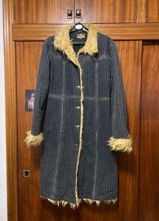 Denim Stripped Long coat with fur Y2k style, marque: Japan Style, état: Très bon état, taille: L / 40 / 12, 22,00 €, 23,80 € Protection acheteurs incluse