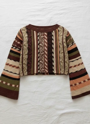 Pull Court Rétro à Rayures et Motifs Ethniques – Manches Évasées Boho Chic, marque: friperie, état: Très bon état, taille: M / 38 / 10, 42,00 €, 44,80 € Protection acheteurs incluse