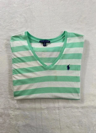 T-shirt manches courtes col V à rayures Ralph Lauren - Taille M Femme - Blanc & Vert menthe, marque: Ralph Lauren, état: Bon état, taille: M / 38 / 10, 5,00 €, 5,95 € Protection acheteurs incluse