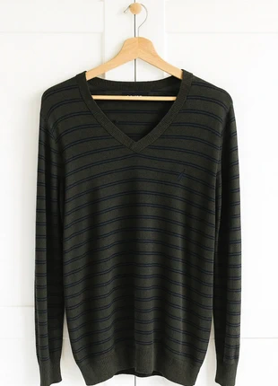 Nautica Striped V-Neck Sweater – Oversized Fit – Olive Navy – Classic Knitwear, merk: Nautica, staat: Heel goed, maat: L, € 24,50, € 26,43 inclusief Kopersbescherming