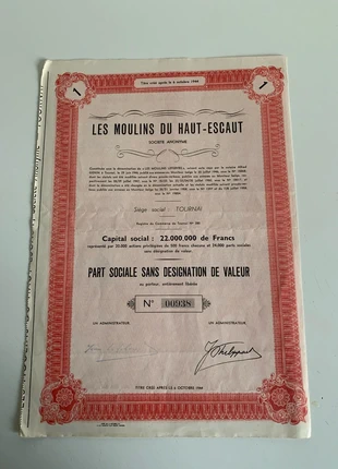 Part sociale les moulins du haut-Escaut, état: Très bon état, 7,00 €, 8,05 € Protection acheteurs incluse