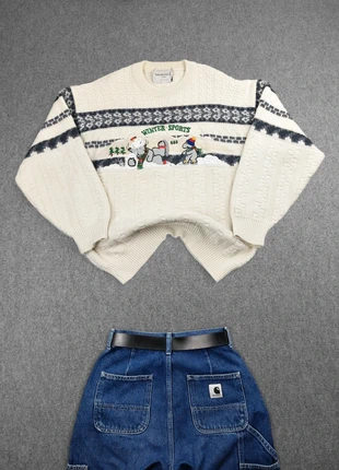 Pull Rare Vintage 80s en Maille Crème / Gris à Motifs Brodés "Cartoon / Animaux" (S), marque: Vintage Dressing, état: Très bon état, taille: S, 36,00 €, 38,50 € Protection acheteurs (Pro) incluse