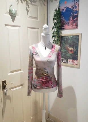 Haut/t-shirt vintage y2k coquette/lolita col V motifs fleuris rose, brand: Vintage Dressing, condizioni: Ottime, taglia: M / IT 42 / EU 38, €16.00, €17.50 include la Protezione acquisti