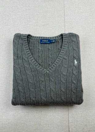 Pull torsadé col V Ralph Lauren gris logo argenté, taille L, brand: Ralph Lauren, condition: Very good, size: L / 40 / 12, €45.00, €47.95 includes Buyer Protection