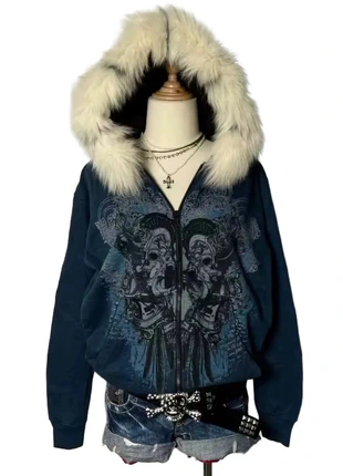 Hoodie bleu fourré – motif gothique – style Y2K / grunge, brand: y2k, condition: Very good, size: S / 36 / 8, €59.99, €63.69 includes Buyer Protection