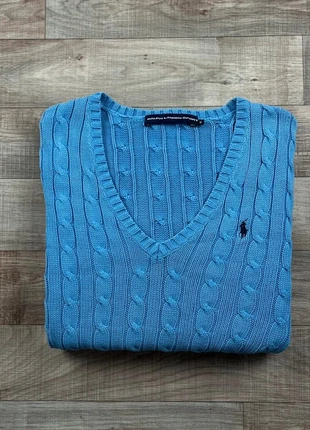 Pull torsadé bleu col V Ralph Lauren – cotton cable knit sweater – Femme M, marque: Ralph Lauren Sport, état: Très bon état, taille: M / 38 / 10, 45,00 €, 47,95 € Protection acheteurs incluse