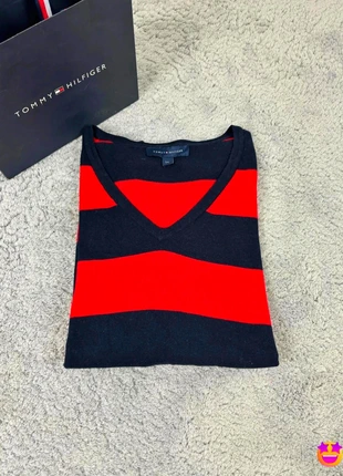 Sweat Pull Col V à Rayure Tommy Hilfiger en coton Rouge/Marine - Femme - Taille L, brand: Tommy Hilfiger, condition: Very good, size: L / 40 / 12, €19.90, €21.60 includes Buyer Protection Pro