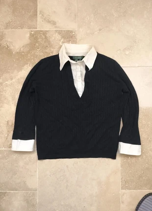 Pull col V Lauren Ralph Lauren doublure décorative chemise - Noir Blanc - Femme M soie et cachemire, marque: Ralph Lauren, état: Très bon état, taille: M / 38 / 10, 40,00 €, 42,70 € Protection acheteurs (Pro) incluse