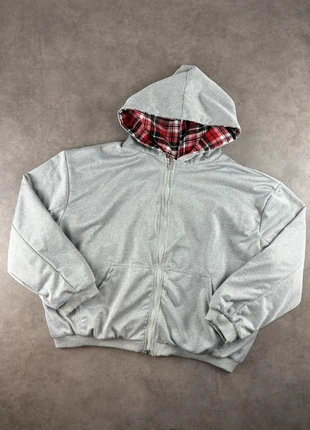 Gilet Y2K gris réversible oversize épais, zip Y2K en coton à motif carreaux rouge - Taille M, brand: Aesthetic, condition: Very good, size: M, €45.00, €47.95 includes Buyer Protection Pro