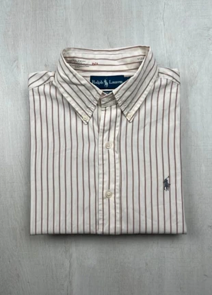 Chemise Ralph Lauren blanche et beige logo brodé gris inscriptions dans le col | Taille M Homme, brand: Ralph Lauren, condizioni: Ottime, taglia: M, €42.00, €44.80 include la Protezione acquisti Pro