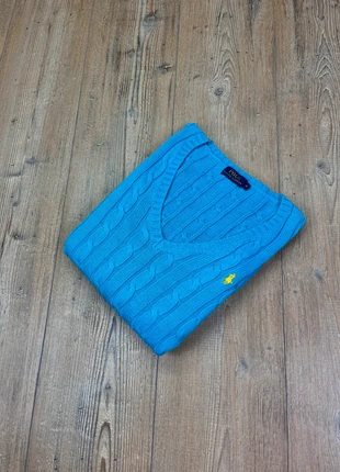 Pull Torsadé Ralph Lauren M Bleu ciel col en V logo brodé jaune 100% coton Femme 000, marque: Ralph Lauren, état: Très bon état, taille: M / 38 / 10, 44,00 €, 46,90 € Protection acheteurs incluse