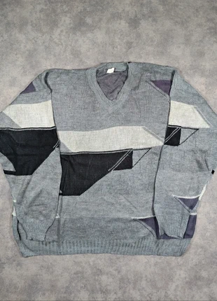 Pull d'hiver vintage 90's retro gris/noir unisexe col V motifs géométriques – taille XL PV20, brand: Vintage Dressing, condition: Very good, size: XL, €19.90, €21.60 includes Buyer Protection