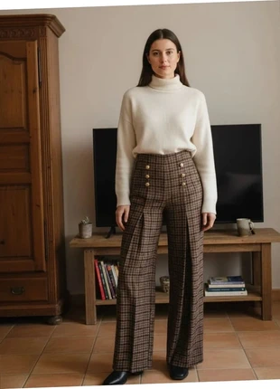 Pantalon large à carreaux marron, taille haute à boutons dorés, zustand: Sehr gut, größe: M / 38 / 10, 44,90 €, 47,85 € beinhaltet Vinted-Käuferschutz Pro