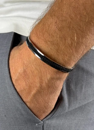 Bracelet jonc homme noir & acier – Design minimaliste – Élégant et moderne, brand: SYMETRIK, condition: New without tags, €11.90, €13.20 includes Buyer Protection Pro
