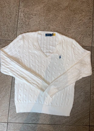 Pull torsadé col V Ralph Lauren | Blanc logo bleu marine brodé | Taille L Femme, marca: Ralph Lauren, estado: Muito bom, tamanho: L / 40 / 12, €40.00, €42.70 inclui Proteção do Comprador