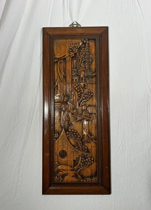 Zeldzame Aziatische Houte Plaque uit de Jaren 60 in Gedetailleerd Snijwerk, staat: Heel goed, € 19,50, € 21,18 inclusief Kopersbescherming