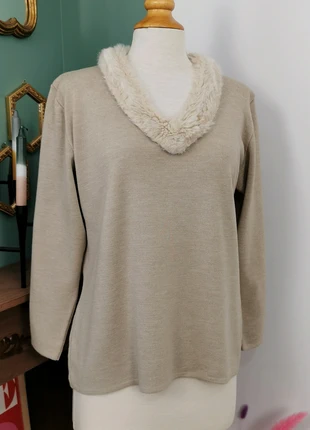 Pull à col en fausse fourrure en laine mérinos 50%, marque: Vintage, état: Très bon état, taille: XL / 42 / 14, 32,00 €, 34,30 € Protection acheteurs (Pro) incluse