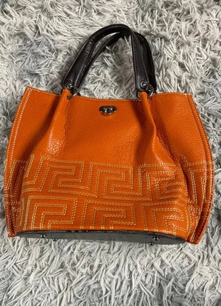 Sac à main vintage Henry Fiori cuir synthétique orange et marron motif géométrique années 2000, brand: Vintage Dressing, condition: Very good, €20.00, €21.70 includes Buyer Protection