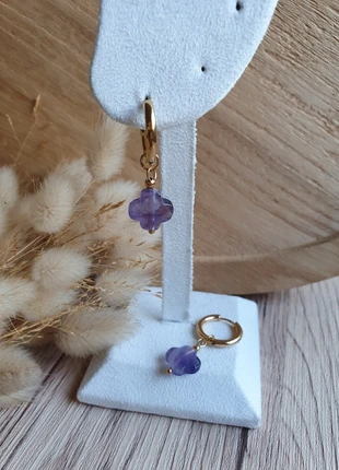 Boucles d'oreilles trèfles en acier inoxydable doré et pierre améthyste, marca: ZAG, estado: Muito bom, €13.50, €14.88 inclui Proteção do Comprador Pro