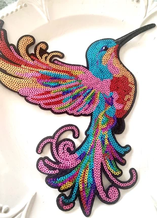 Grand patch écusson thermocollant Oiseau multicolore à sequins pour customiser vêtements, état: Très bon état, 6,00 €, 7,00 € Protection acheteurs (Pro) incluse