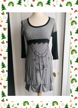 Robe longue gris/noir T1 manches longues / Ruched dress stripes / Vestido rayas / Abito arricciato, merk: victorien, staat: Heel goed, maat: M / 38 / 10, € 10,00, € 11,20 inclusief Kopersbescherming