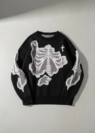 Pull noir skeleton gris / streetwear / oversize / graphic knit / unisex / dark aesthetic / tendance, brand: Ashbone Studio, condition: Very good, size: M, €52.90, €56.25 includes Buyer Protection