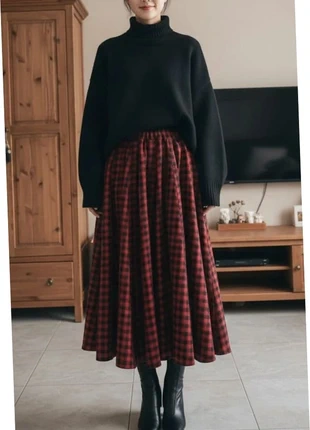 Jupe longue à carreaux rouge & noir – style cosy hiver, staat: Heel goed, maat: M / 38 / 10, € 39,90, € 42,60 inclusief Kopersbescherming Pro