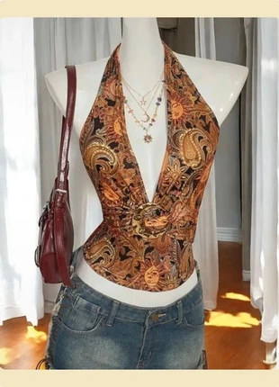 Top dos nu marron à motif baroque solaire et boucle décorative, merk: LOOK, staat: Heel goed, maat: S / 36 / 8, € 24,99, € 26,94 inclusief Kopersbescherming