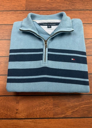 Pull half zip 1/4 zip Tommy Hilfiger bleu clair rayé col camionneur logo brodé - Taille XL, brand: Tommy Hilfiger, condition: Very good, size: XL, €28.00, €30.10 includes Buyer Protection