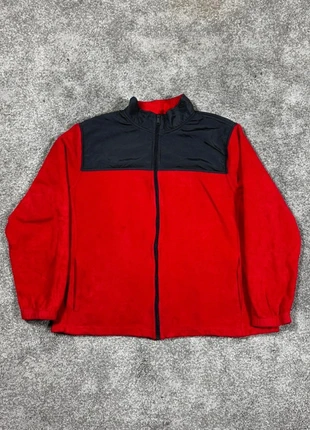 Rode vintage fleece jas met zwarte schouderpanelen van Starter, maat L, merk: Starter, staat: Heel goed, maat: L, € 17,95, € 19,55 inclusief Kopersbescherming