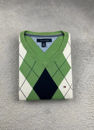 Pull col V Tommy Hilfiger Couleur Vert à carreaux Bleu Marine et Blanc logo brodé Taille XL Homme, brand: Tommy Hilfiger, condition: Very good, size: XL, €24.90, €26.85 includes Buyer Protection Pro