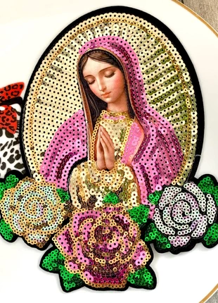 Grand patch écusson Sainte Vierge thermocollant à sequins lumineux pour customiser vêtements, état: Très bon état, 5,65 €, 6,63 € Protection acheteurs (Pro) incluse